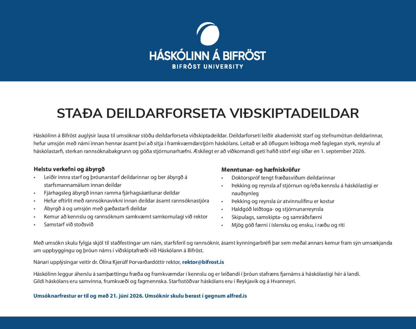 STAÐA DEILDARFORSETA VIÐSKIPTADEILDAR