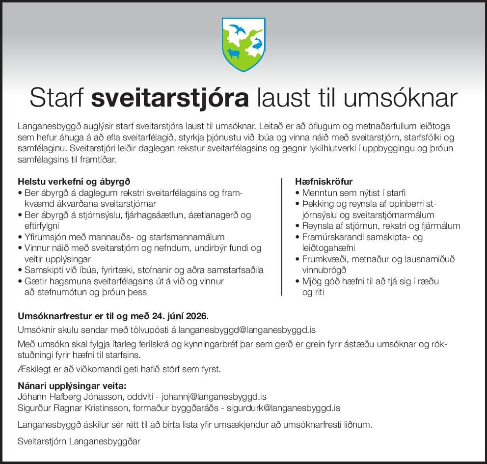 Starf sveitarstjóra laust til umsóknar